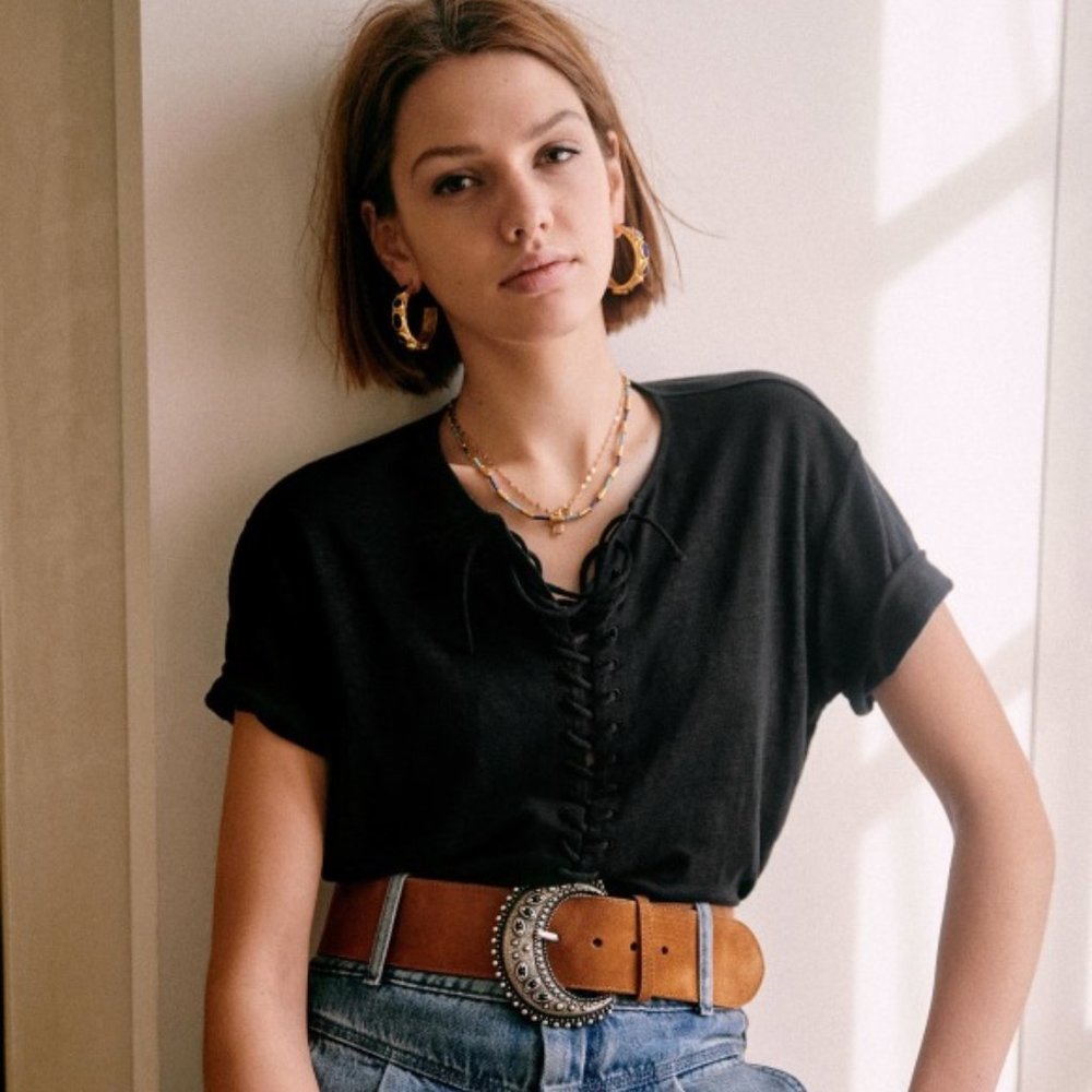 Sezane Ritchie T-Shirt XS 100% Linen. Chic top shirt